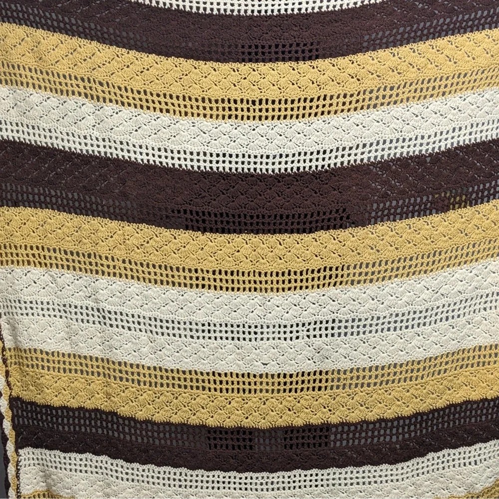 Vintage Handmade Crochet Afghan Blanket Striped Brown Yellow Cream Throw